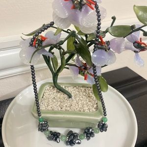 Vintage hematite nugget & emerald beads necklace